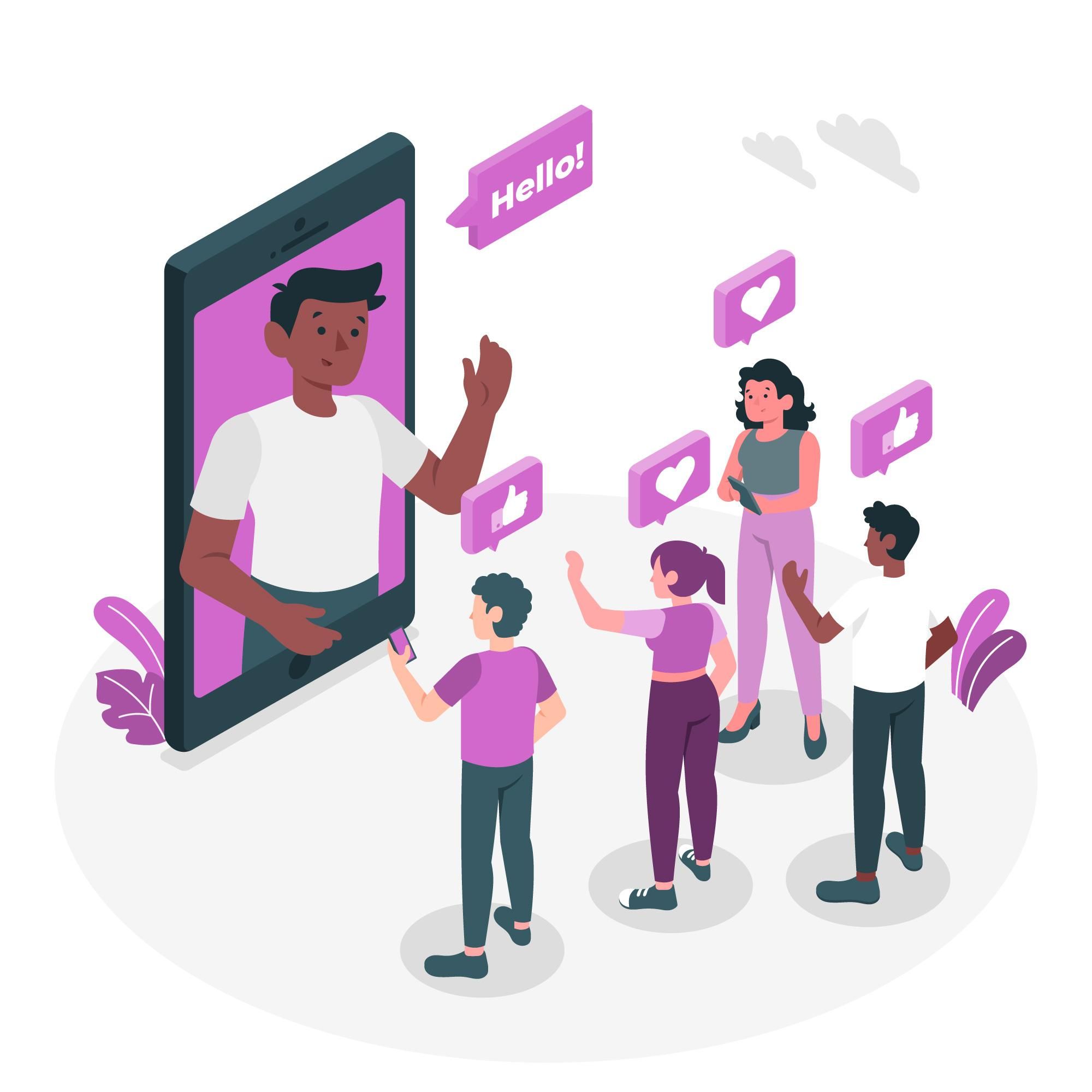 A cartoon of people waving at someone on a mobile screen