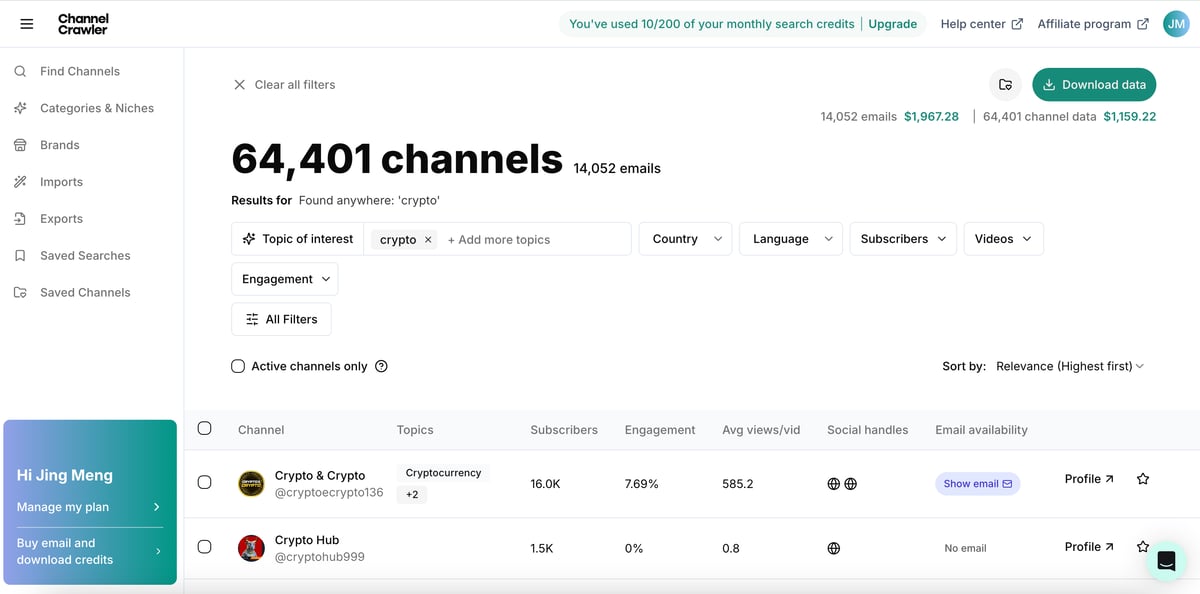 ChannelCrawler YouTube channel search — 25 million searchable channels with 40+ filters